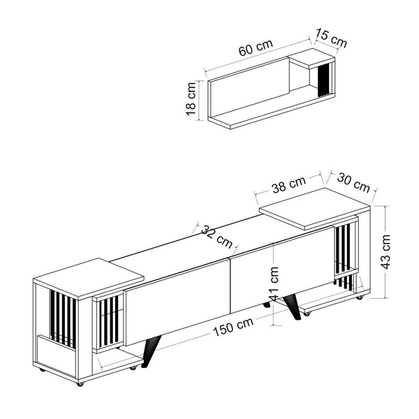 Meuble TV Glostrup avec 2 tables d'appoint et une étagère murale effet chêne / blanc [en.casa]