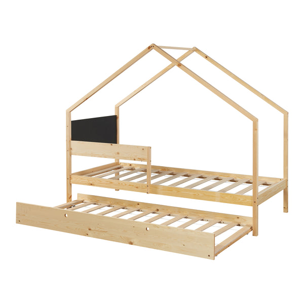 Lit cabane gigogne enfant Sodankylä 90x200 cm en bois de pin naturel/noir avec sommier à lattes [en.casa]