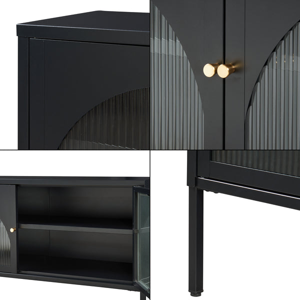 Mobile TV Karlskrona con Ante a Vetrata 115x35x64 cm Acciaio Nero Opaco [en.casa] 