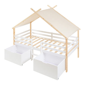 Lit cabane Surnadal bois de pin 90 x 200 cm blanc naturel beige [en.casa]