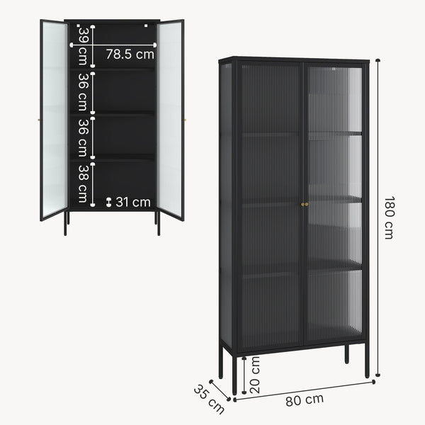 Mobile Vetrina Vinterhavn con Ante in Vetro e Ripiani 180 x 80 x 35 cm - Nero [en.casa]