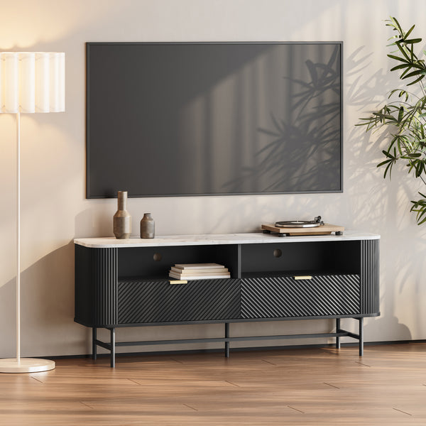 Meuble TV bas Olvehok 140x40x55 cm Noir/effet marbre, blanc [en.casa]
