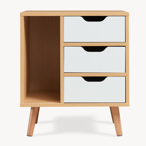 Comodino Bordkak con 3 Cassetti e Scomparto Aperto 55 x 48 x 30 cm - Effetto Rovere / Bianco [en.casa]