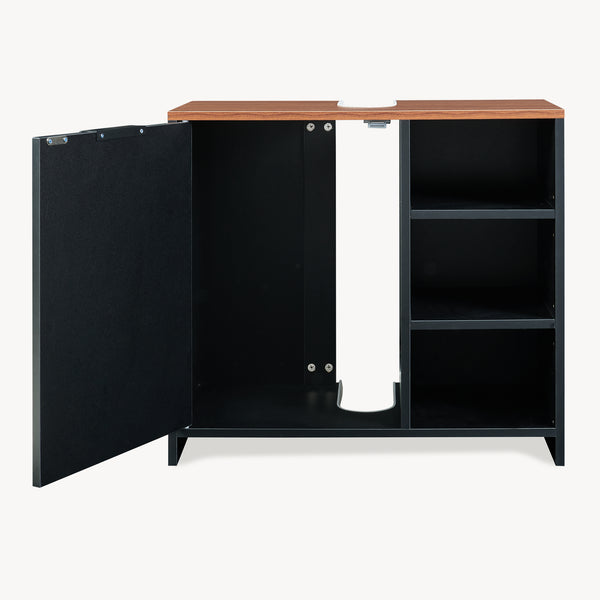 Mobile Sottolavabo Trond con Anta e 3 Vani Aperti 60 x 66 x 30 cm - Nero / Effetto Noce [en.casa]