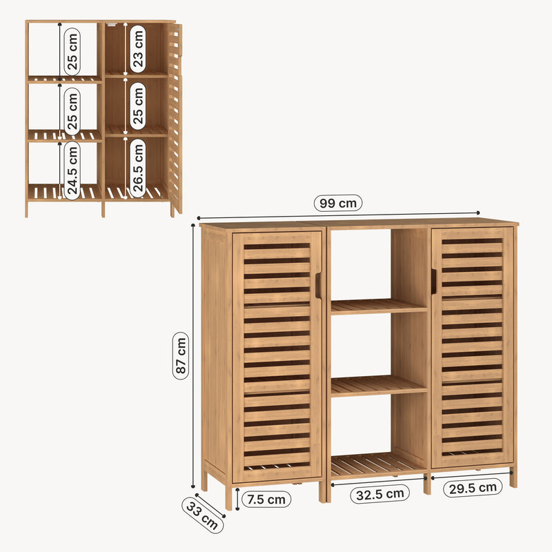 Schizzo in scala Mobile Contenitore Hakseri a 2 Elementi con Ante e Vani Aperti 87 x 99 x 33 cm in Bambù Naturale [en.casa]