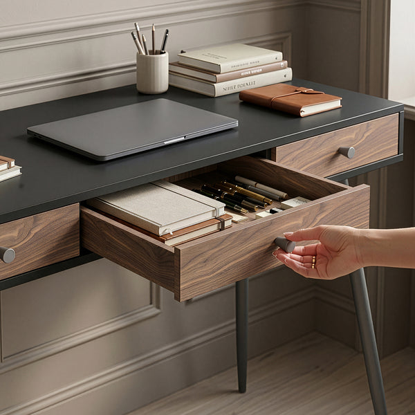 Bureau avec 3 tiroirs Tumba 76 x 115 x 48 cm noir effet noyer [en.casa]
