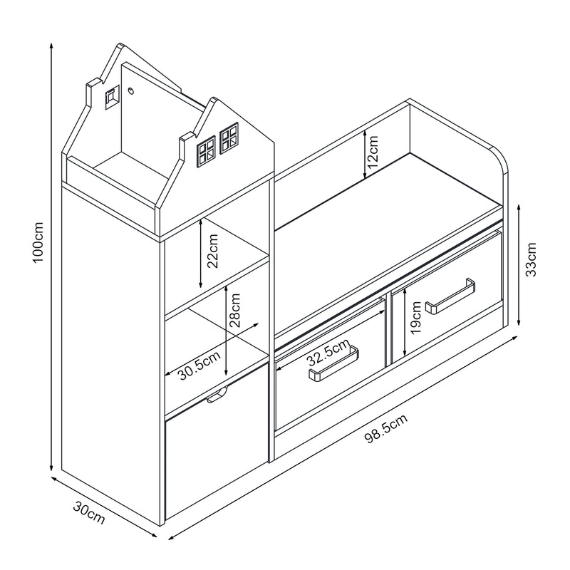 Schizzo in scala Mobile per Cameretta Vipsali Panchina e Scaffale con Contenitori 100x99x30 cm [en.casa]