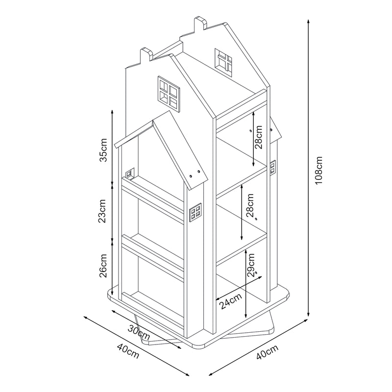 Schizzo in scala Scaffale Girevole Vipsali per Cameretta Design Casetta 108x40x40 cm [en.casa]