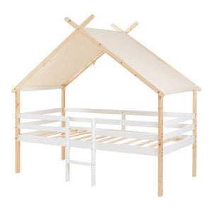 Lit cabane Surnadal bois de pin 90 x 200 cm blanc naturel beige [en.casa]