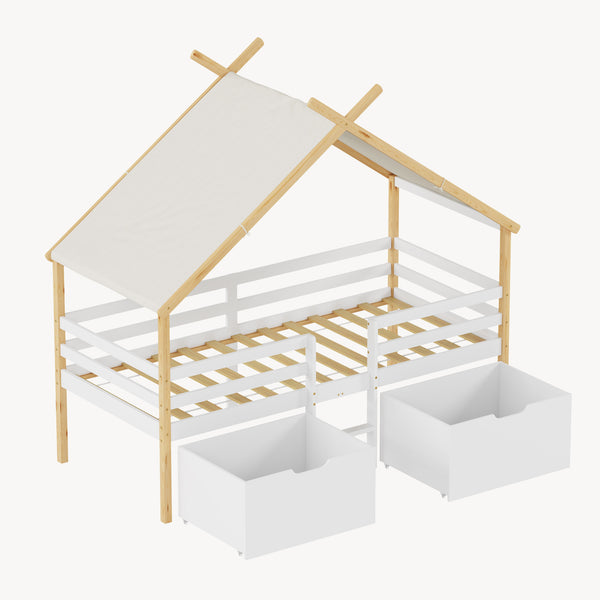 Letto Casetta per Bambini Surnadal 90x200 cm in Legno di Pino con Cassetti e Sbarre [en.casa] 