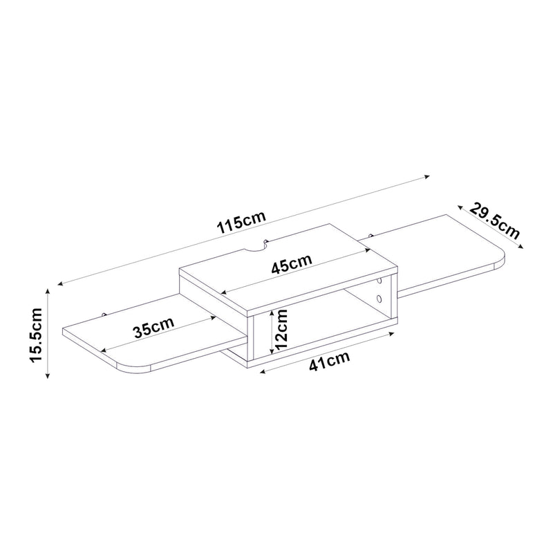 Schizzo in scala Mobile Porta TV Tar da Parete con Vano Aperto e Ripiani 115 x 30 x 16 cm - Bianco [en.casa]