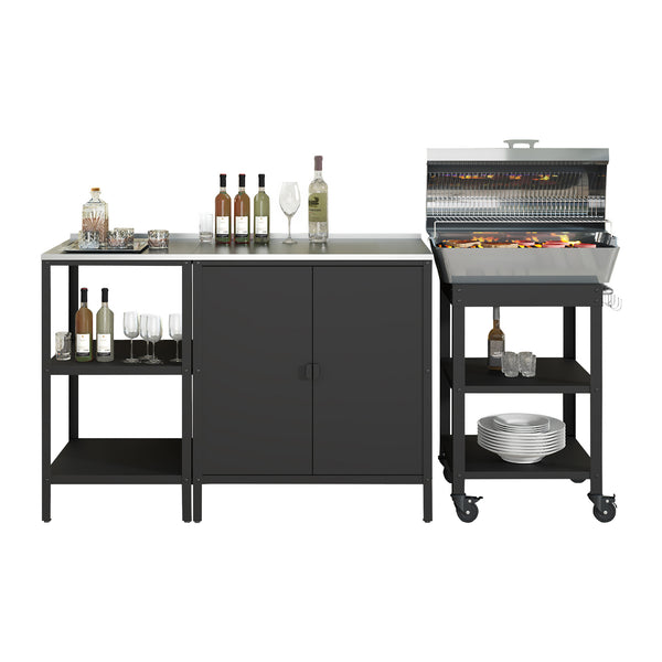 Set Bolognano Mobili da Esterno in Acciaio - Bancone Armadietto e Carrello Portavivande - Nero opaco casa.pro