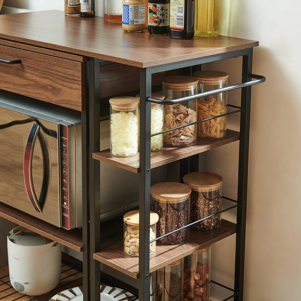 Scaffale da Cucina Kirhuskyna con Modulo Laterale Estraibile Girevole 130x40x85 cm Effetto Noce/Nero [en.casa]