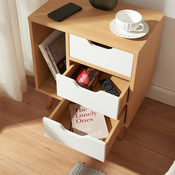 Comodino Bordkak con 3 Cassetti e Scomparto Aperto 55 x 48 x 30 cm - Effetto Rovere / Bianco [en.casa]