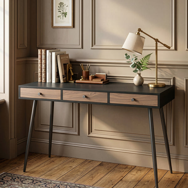 Bureau avec 3 tiroirs Tumba 76 x 115 x 48 cm noir effet noyer [en.casa]
