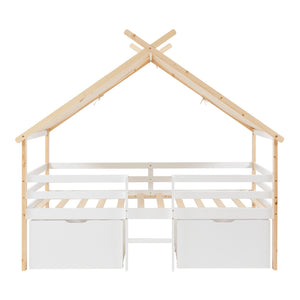 Lit cabane Surnadal bois de pin 90 x 200 cm blanc naturel beige [en.casa]