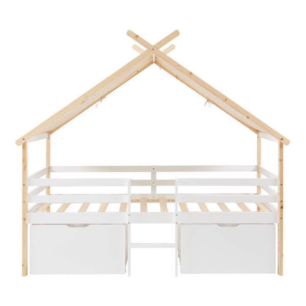 Lit cabane Surnadal bois de pin 90 x 200 cm blanc naturel beige [en.casa]