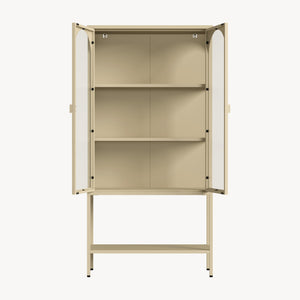 Vetrina Klippestad Credenza Alta a 2 Ante in Vetro e Ripiano Aperto 160 x 80 x 35 cm - Color Cammello [en.casa]