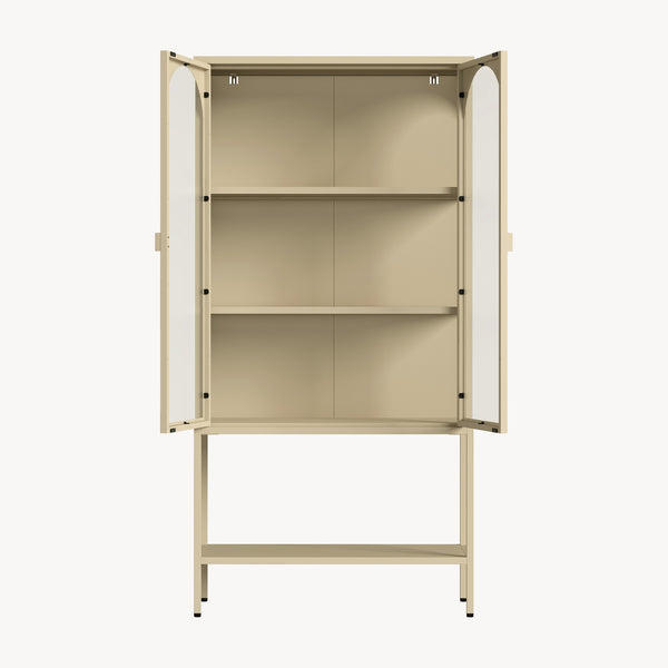 Vetrina Klippestad Credenza Alta a 2 Ante in Vetro e Ripiano Aperto 160 x 80 x 35 cm - Color Cammello [en.casa]