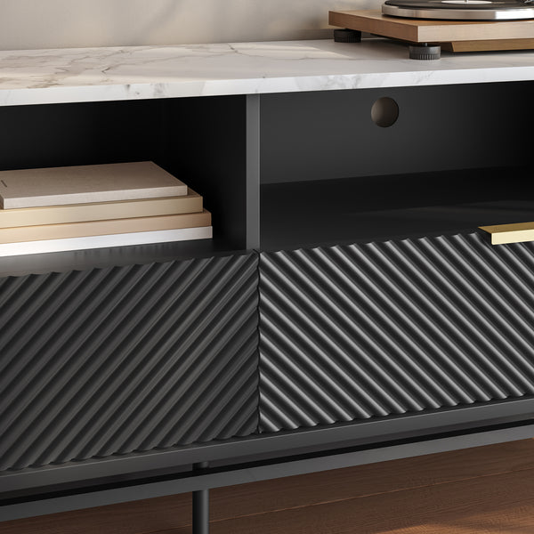 Meuble TV bas Olvehok 140x40x55 cm Noir/effet marbre, blanc [en.casa]