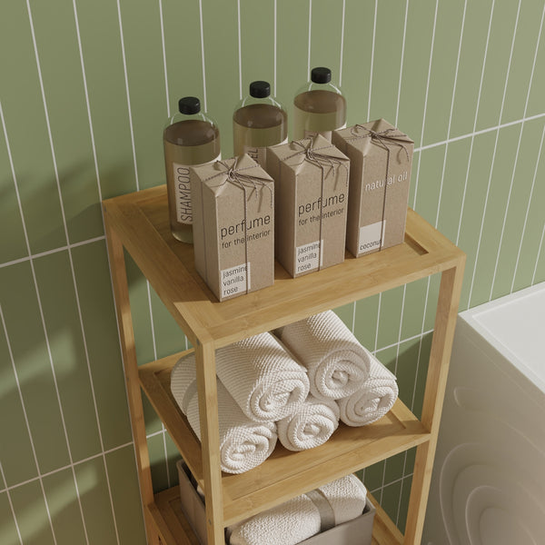 Badregal mit Wäschesammler Anun 130x36x33 cm Bambus Holzfarben [en.casa]