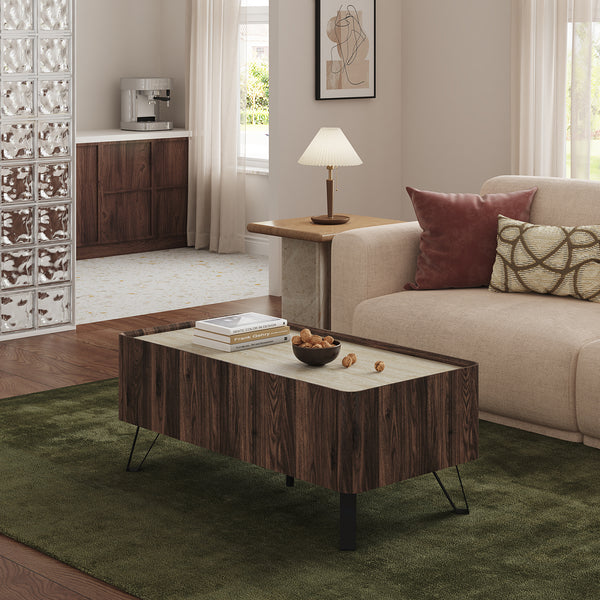Table basse Trorlon 100 x 50 x 40 cm effet noyer / travertin [en.casa]