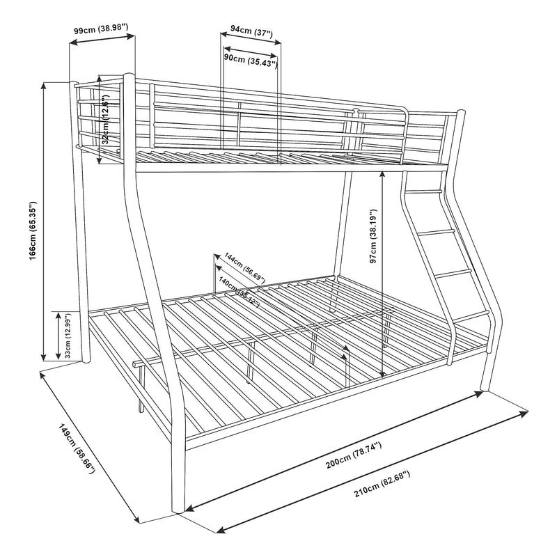 Croquis coté Cadre de lit superposé pour 3 Personnes 210 x 148 x 168cm [neu.haus] 