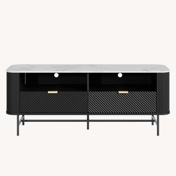 Meuble TV bas Olvehok 140x40x55 cm Noir/effet marbre, blanc [en.casa]