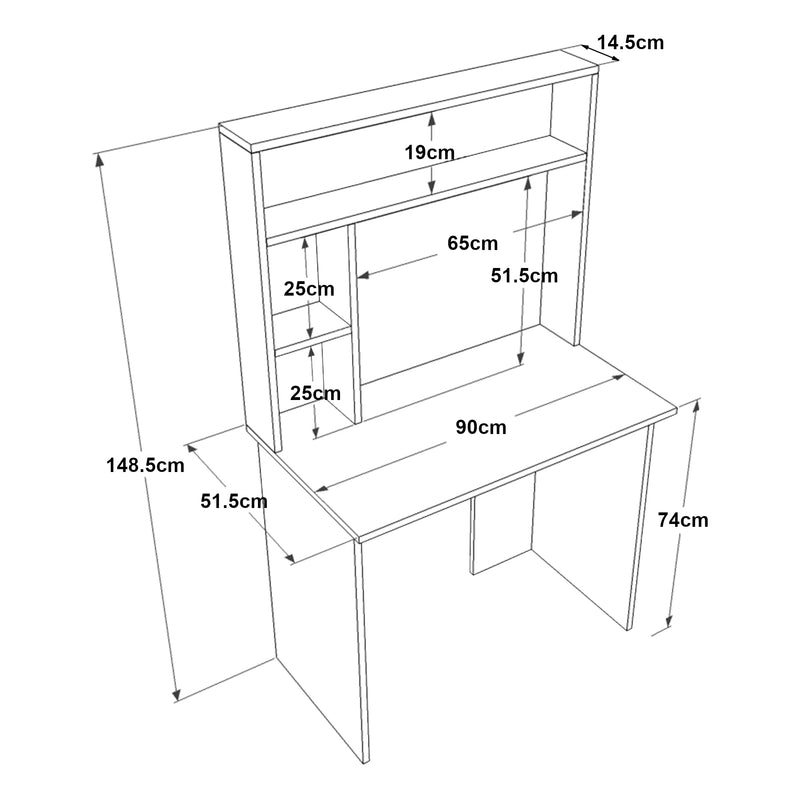 Maßskizze Schreibtisch Tópisa mit Regal 149x90x52 cm [en.casa]