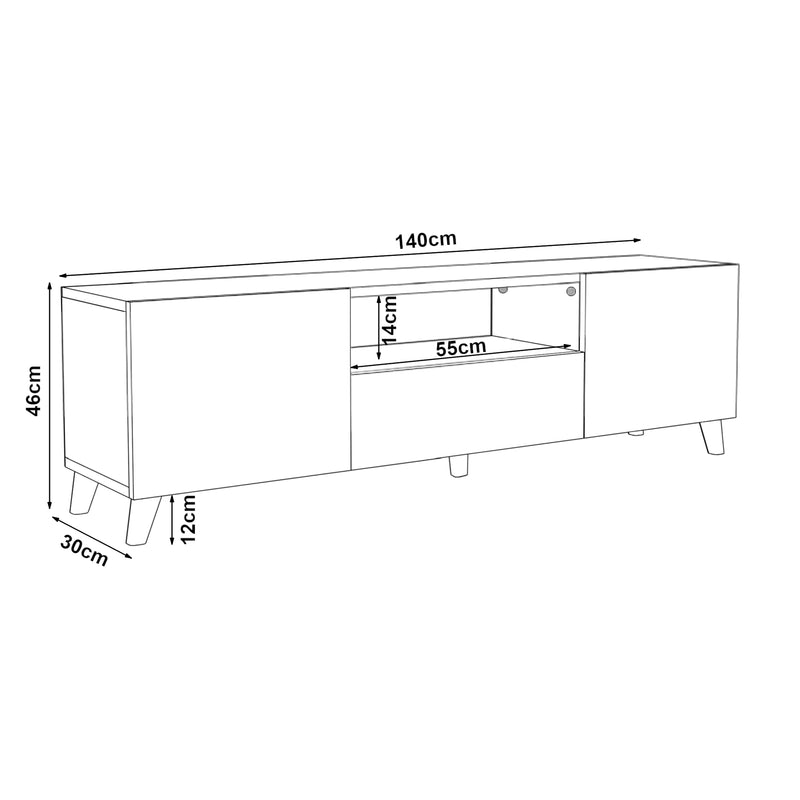 Croquis coté Meuble TV Torsby à portes avec espace de rangement 140 x 30 x 46 cm [en.casa]