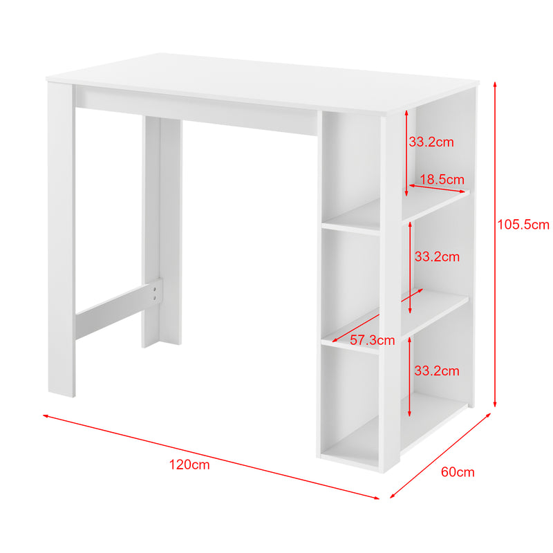 Maßskizze Bartisch Danderyd 120x60x106 cm mit 3 Ablagefächern [en.casa]