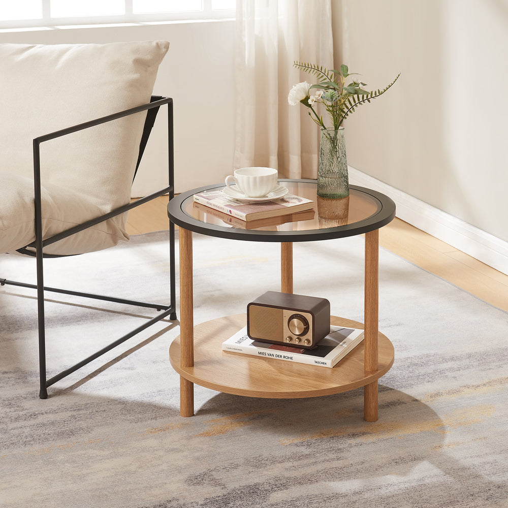 Tavolino Latama con piano in vetro Ø51x45 cm Naturale/Nero/Vetro bronzo [en.casa] - premiumXL