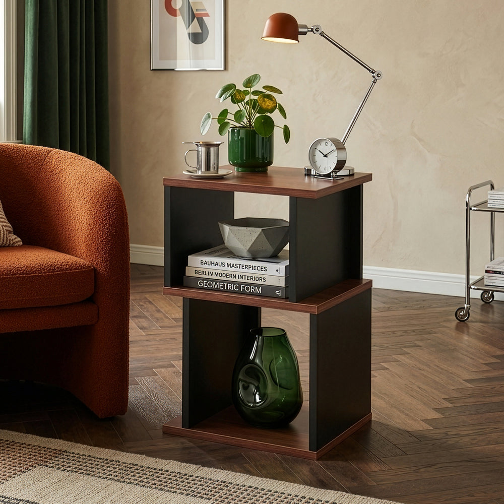Tavolino Laterale Trond Mobiletto Basso a 2 Scomparti 50 x 33 x 29 cm - Nero/Effetto Noce [en.casa]