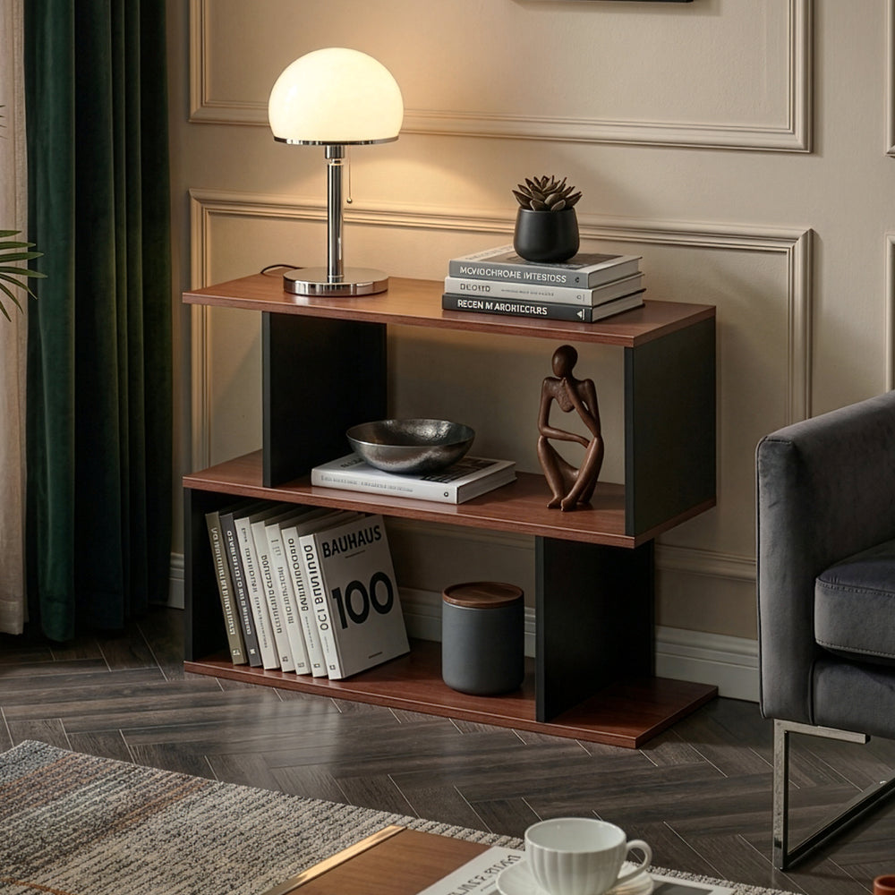 Tavolino Laterale Trond a 2 Scomparti Aperti Mobiletto Multiuso 80 x 29 x 60 cm - Nero/Effetto Noce [en.casa]