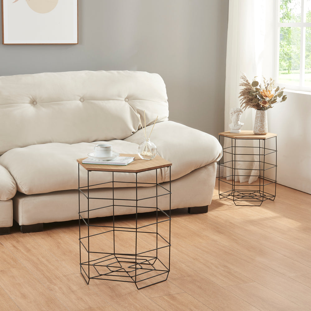 Set di tavolini - Set Hørsholm 2 pezzi cestino in metallo nero / color legno [en.casa] - premiumXL