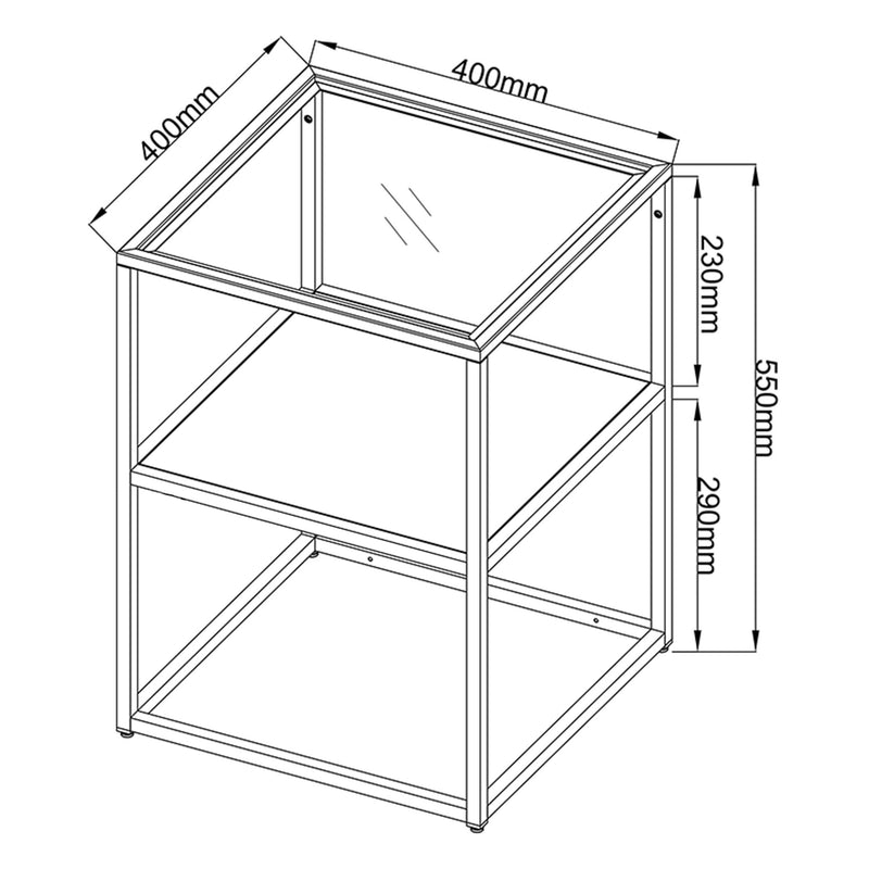 Croquis coté Table d'appoint Solund avec étagère acier verre trempé 55 x 40 x 40 cm [en.casa]