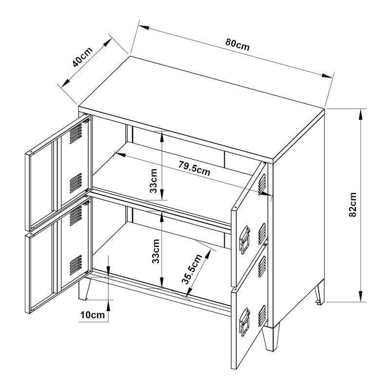 Schizzo in scala Armadio Hamina a 4 Ante Mobile in Acciaio per Archivio 82 x 80 x 40 cm [en.casa] 