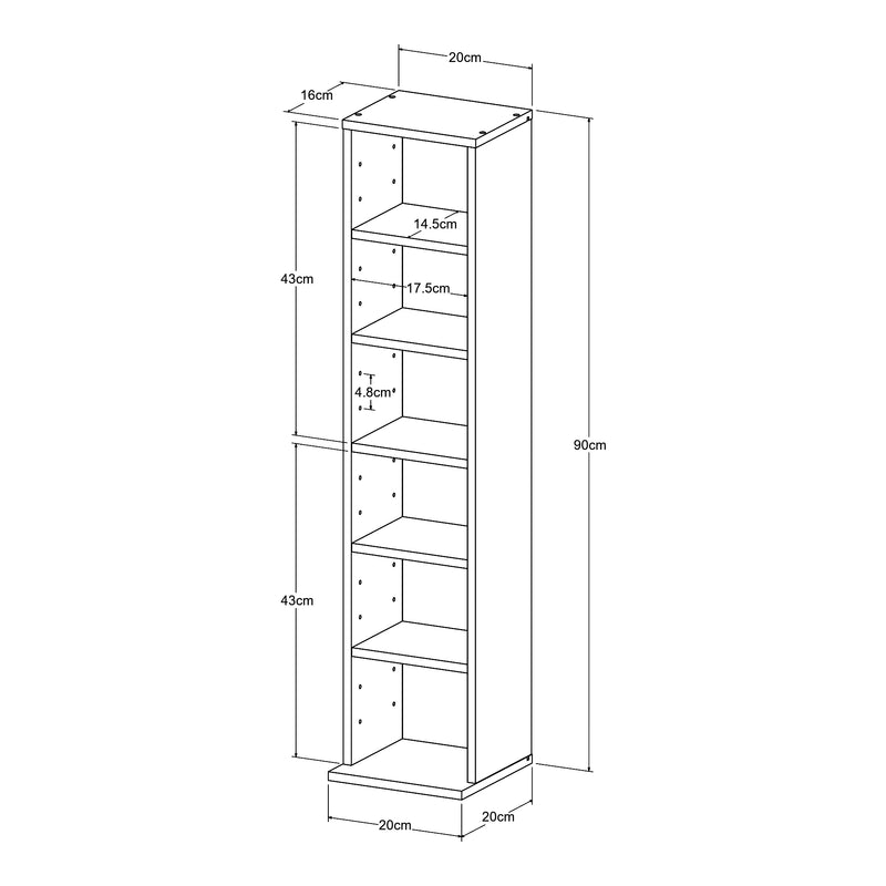 Schizzo in scala Scaffale a Colonna Tynset con 6 Scomparti per CD DVD 90x20x20 cm [en.casa]