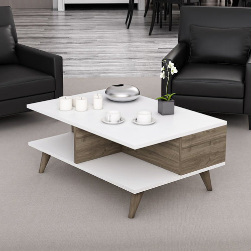 Table basse Grenaa avec étagère inférieure Blanc / aspect noyer [en.casa] - premiumXL