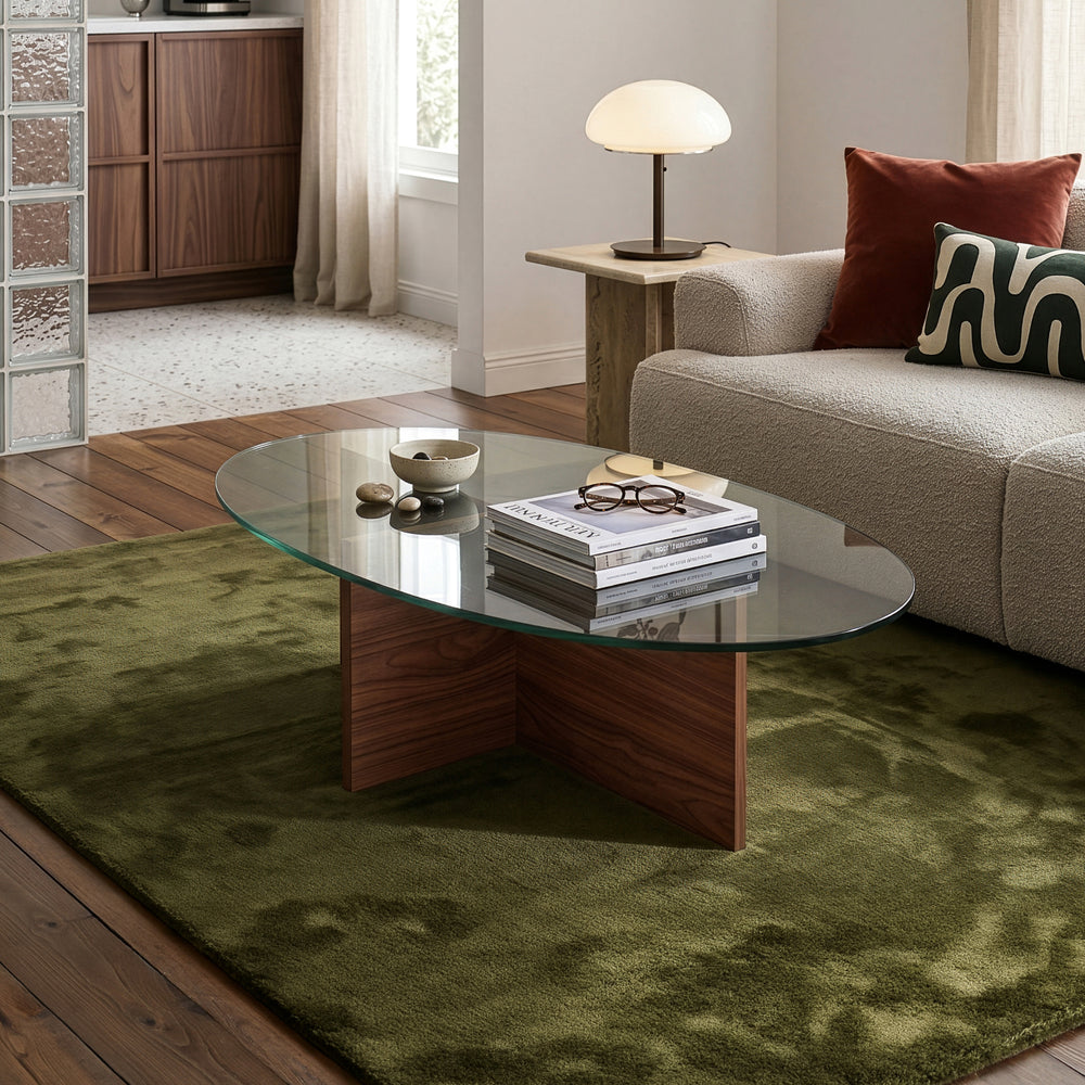 Tavolino da Caffè Viroya con Piano Ovale in Vetro Fumé 100 x 60 x 36 cm Effetto Noce/Grigio [en.casa]