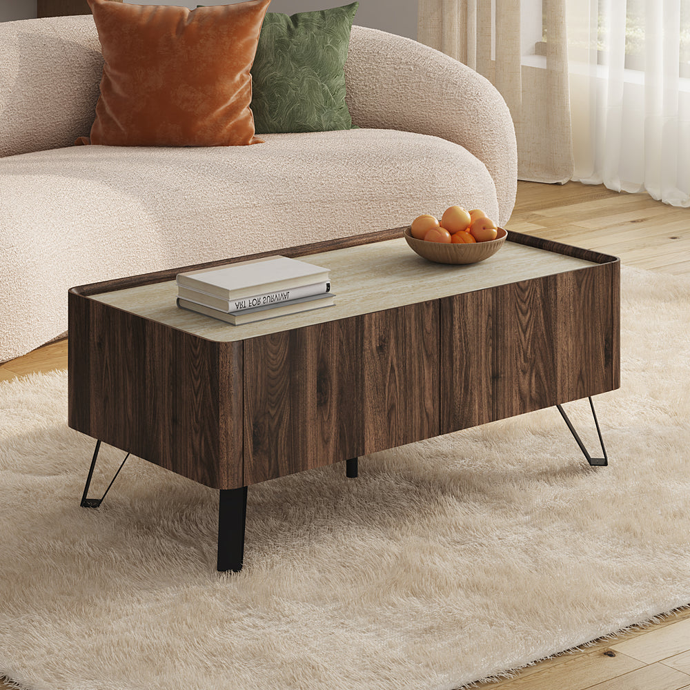 Table basse Trorlon 100 x 50 x 40 cm effet noyer / travertin [en.casa]