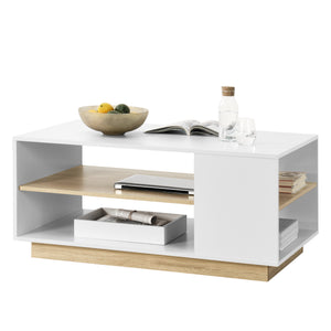 Table basse Trelleborg 100x60x46 cm avec 2 étagères blanc/chêne en.casa - premiumXL