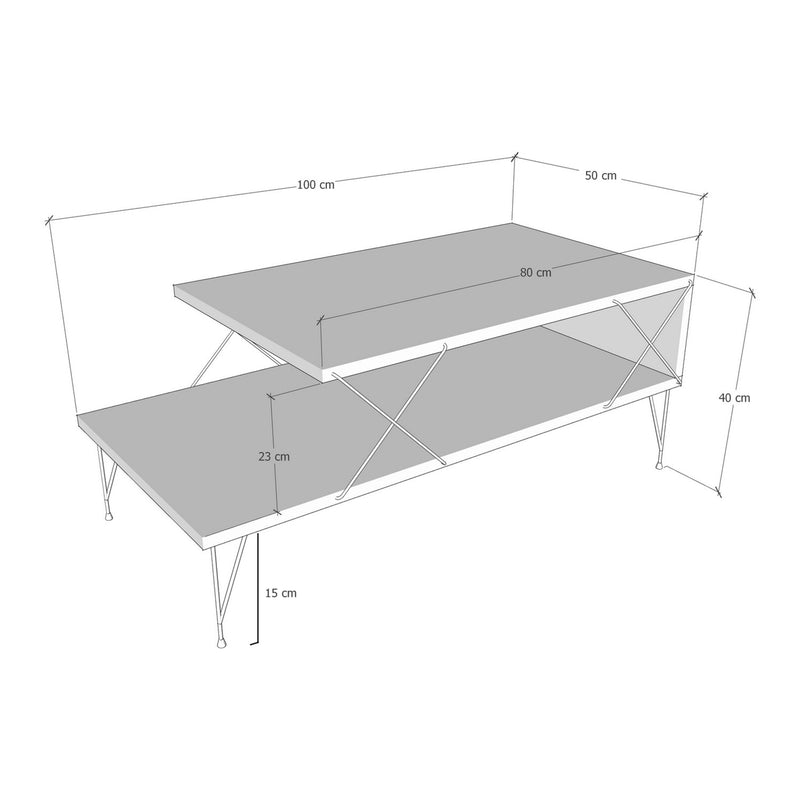 Croquis coté Table basse de salon Asker avec étagère panneau de particules métal 100 x 50 x 40 cm [en.casa]