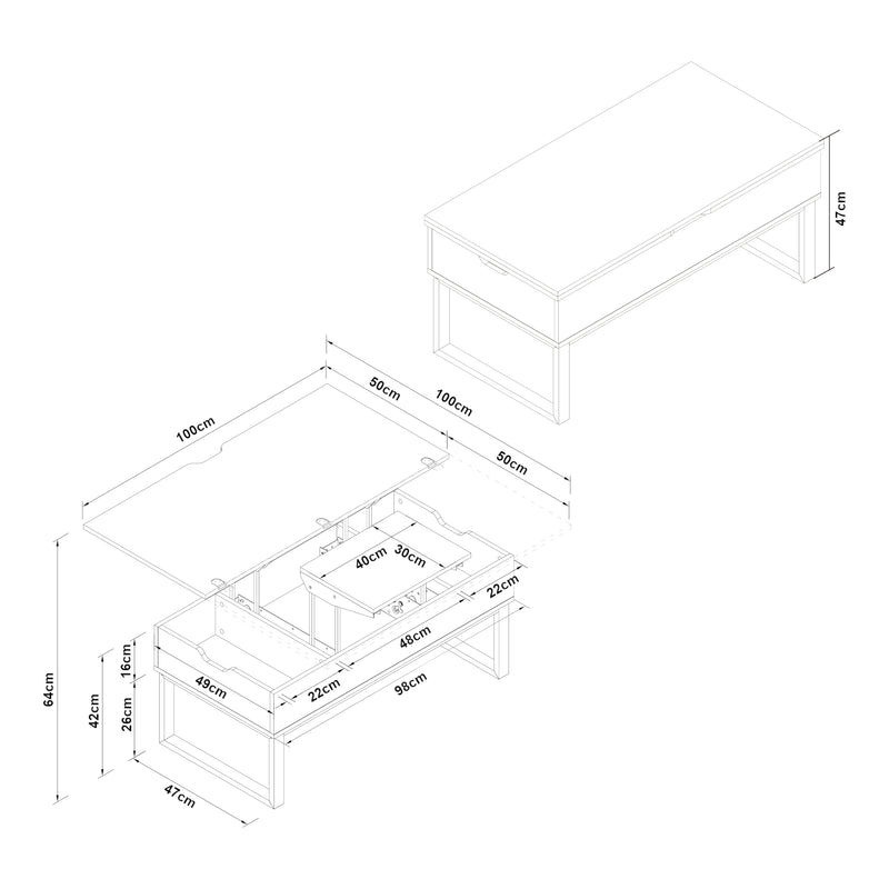 Maßskizze Couchtisch Rauli mit Hebeplatte und Stauraum 100x50x47 cm [en.casa]