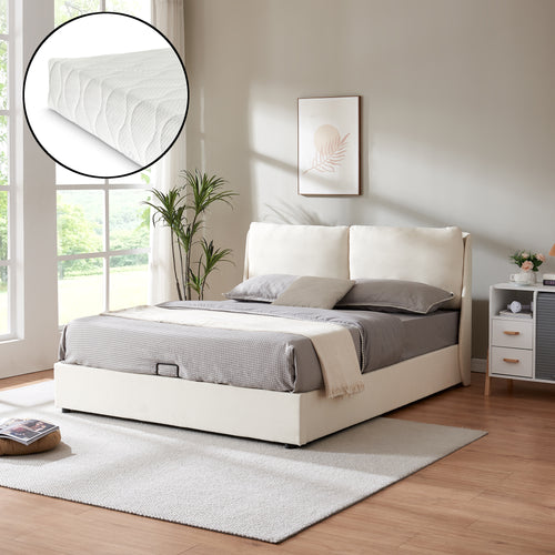 Letto Matrimoniale Lunner con Contenitore Testiera Imbottita e Materasso [en.casa] 