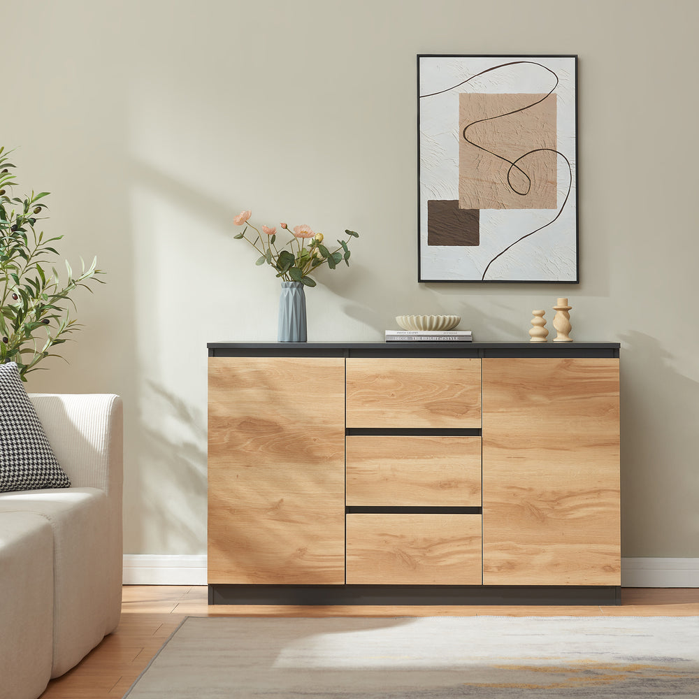 Credenza Mobile Contenitore Kyr Comò con Ante e Cassetti - Nero/Effetto Rovere Rustico [en.casa]