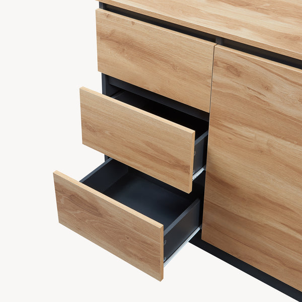 Credenza Mobile Contenitore Kyr Comò con Ante e Cassetti - Nero/Effetto Rovere Rustico [en.casa]