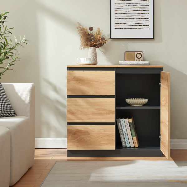 Credenza Mobile Contenitore Kyr Comò con Ante e Cassetti - Nero/Effetto Rovere Rustico [en.casa]