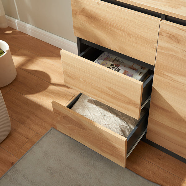 Credenza Mobile Contenitore Kyr Comò con Ante e Cassetti - Nero/Effetto Rovere Rustico [en.casa]