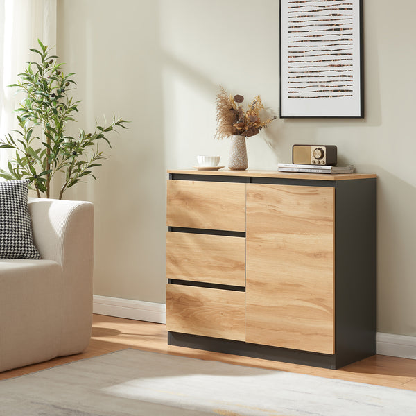 Credenza Mobile Contenitore Kyr Comò con Ante e Cassetti - Nero/Effetto Rovere Rustico [en.casa]